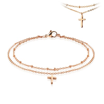 Infinity Bracelets Cross Dangling Charm Rose Gold Stainless Steel Beaded Double Link Chain Anklet/Bracelet