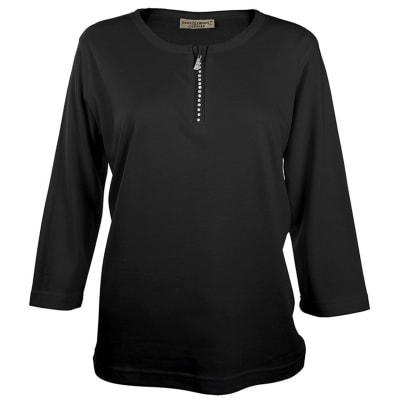 4" Front Crystal Zipper 3/4-Sleeve Scoop-Neck Top (7080)