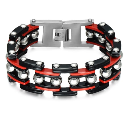 Stainless Steel Black and Burgundy Biker Warrior Chain Bracelet