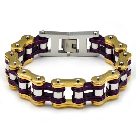Stainless Steel Purple and Gold Biker Chain Bracelet