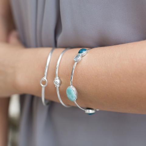 Sterling Silver Larimar, Blue Topaz, Aventurine and Rainbow Moonstone Bangle Bracelet Sterling Silver Larimar, Blue Topaz, Aventurine and Rainbow Moonstone Bangle Bracelet