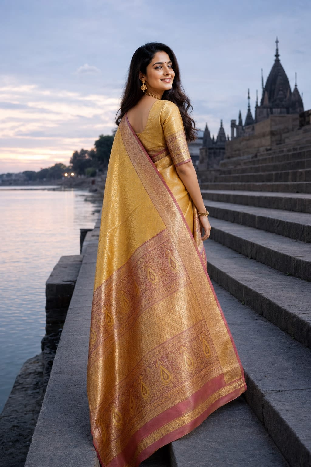 Handloom Yellow Silk Saree thumbnail 2