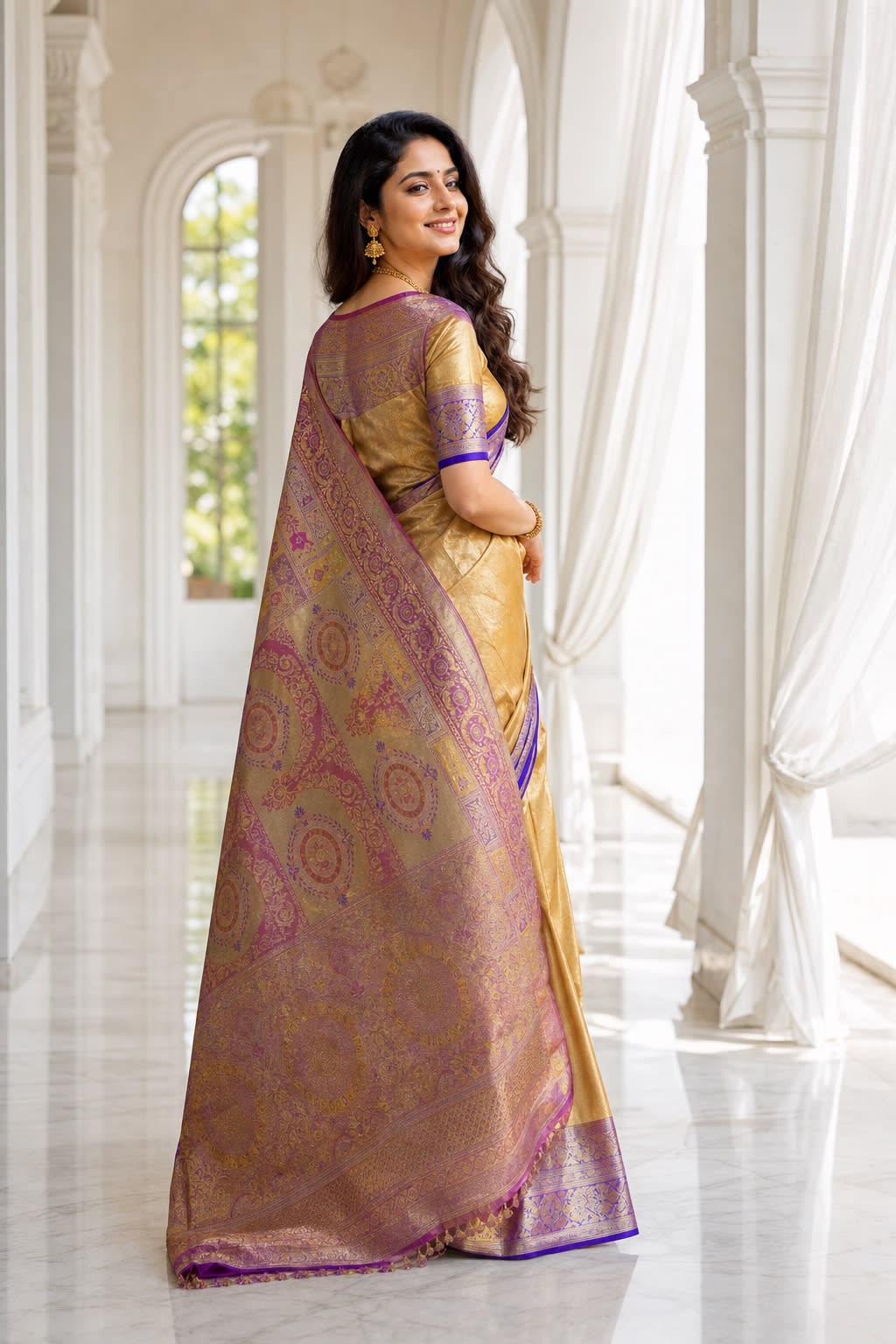 Handloom Lavender With Pink Ang Gold Silk Saree thumbnail 2