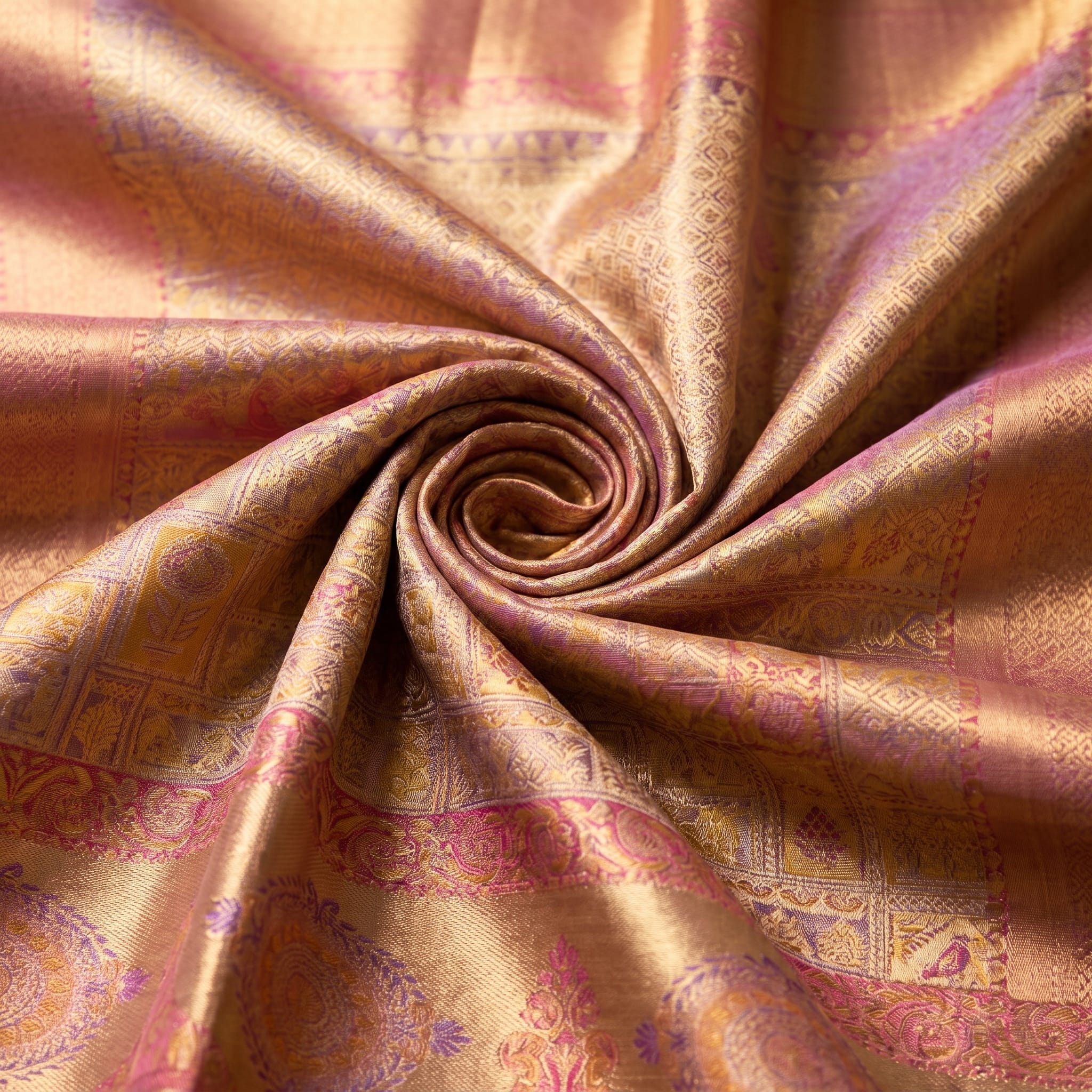 Handloom Lavender With Pink Ang Gold Silk Saree — close drape