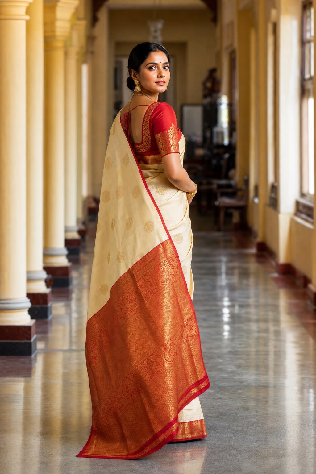 Handloom Half White And Red Silk Saree thumbnail 2