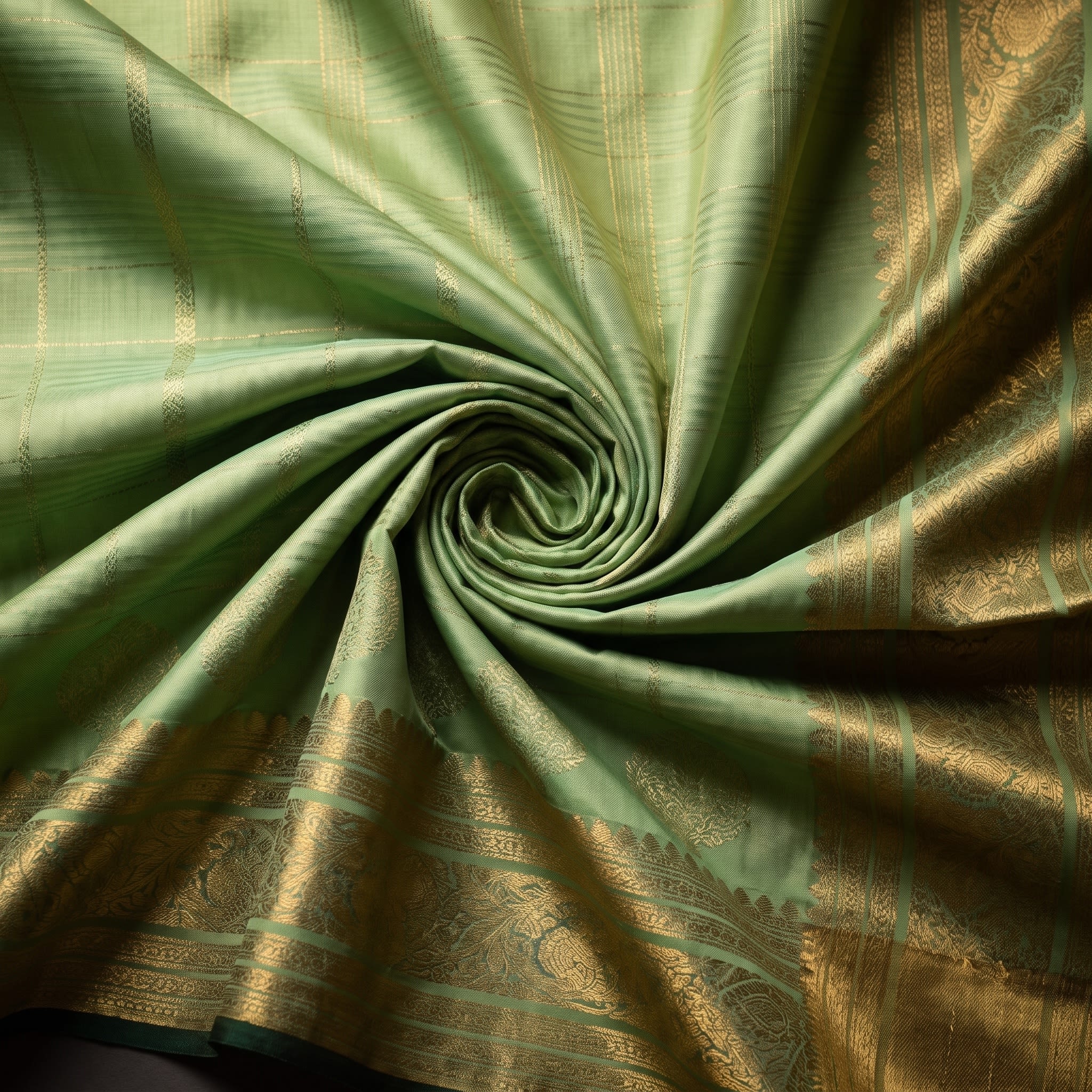 Handloom Pista Green Silk Saree — close drape