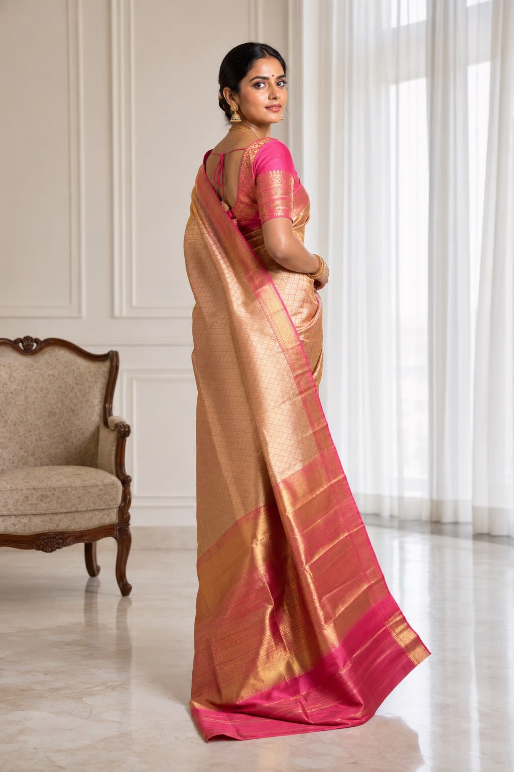 Handloom Peach Silk Saree thumbnail 2