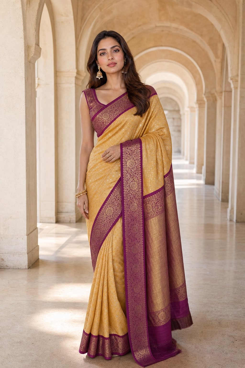 Handloom Mustard Yellow Silk Saree thumbnail 1