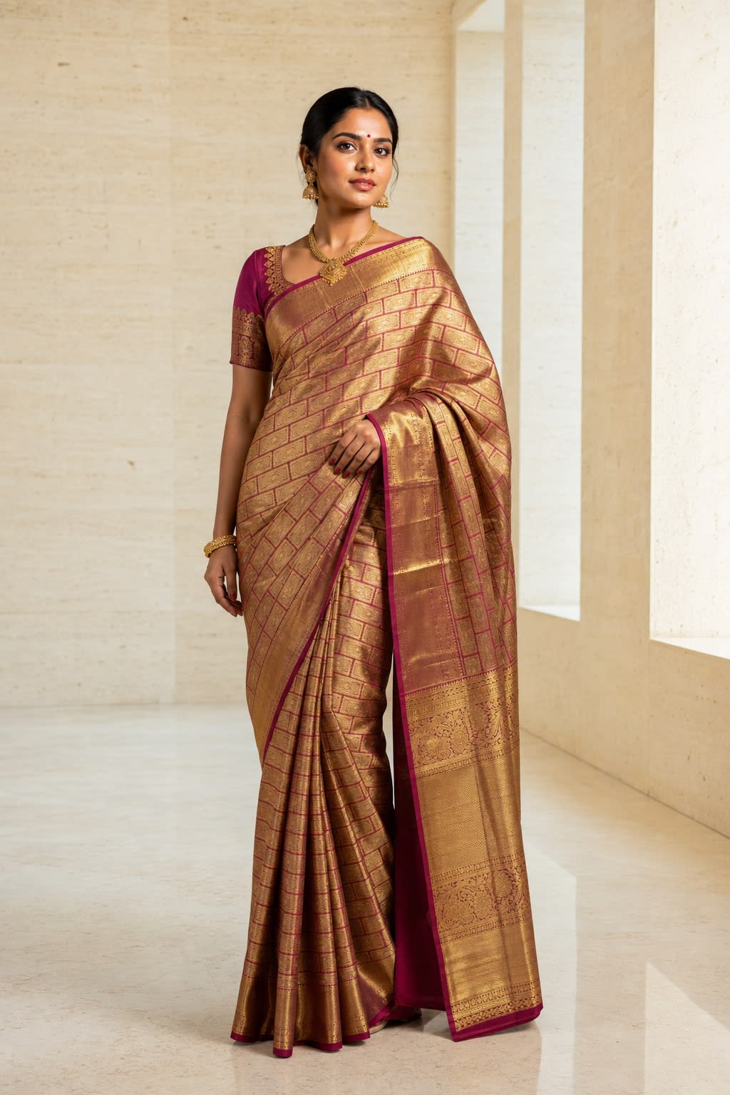 Handloom Maroon Silk Saree thumbnail 1