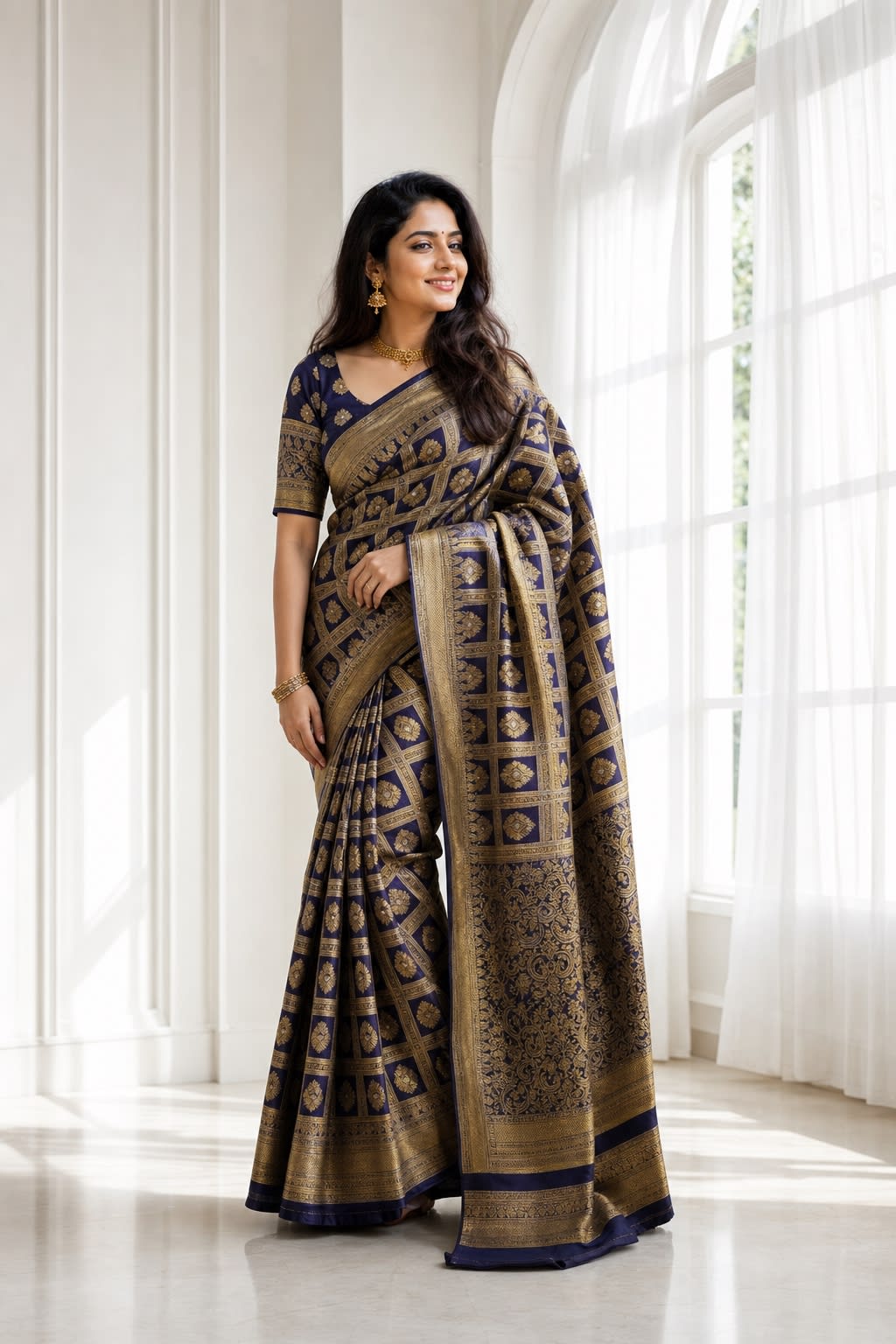 Handloom Navyblue Silk Saree thumbnail 1