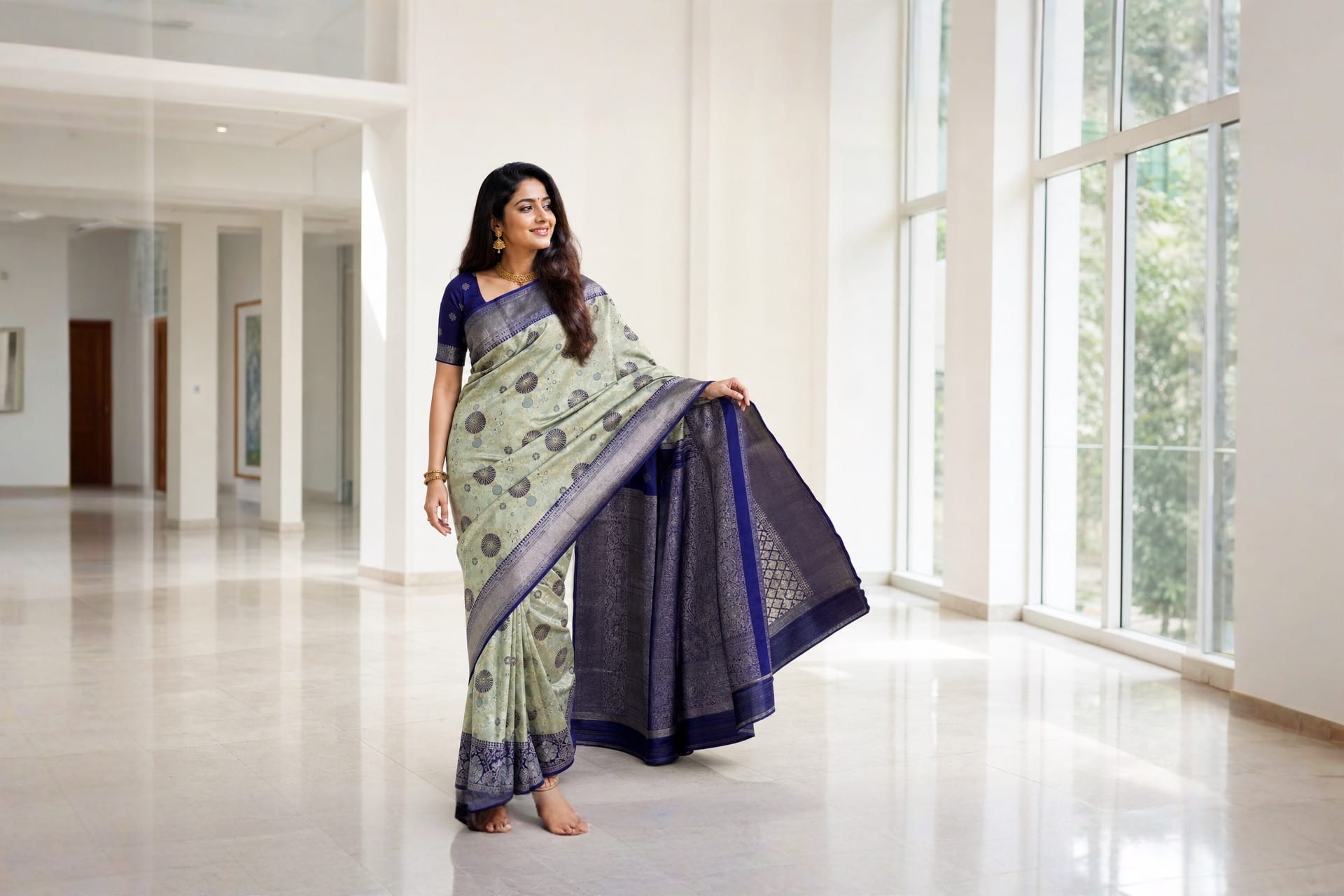 Handloom Pista Green Silk Saree — the drape