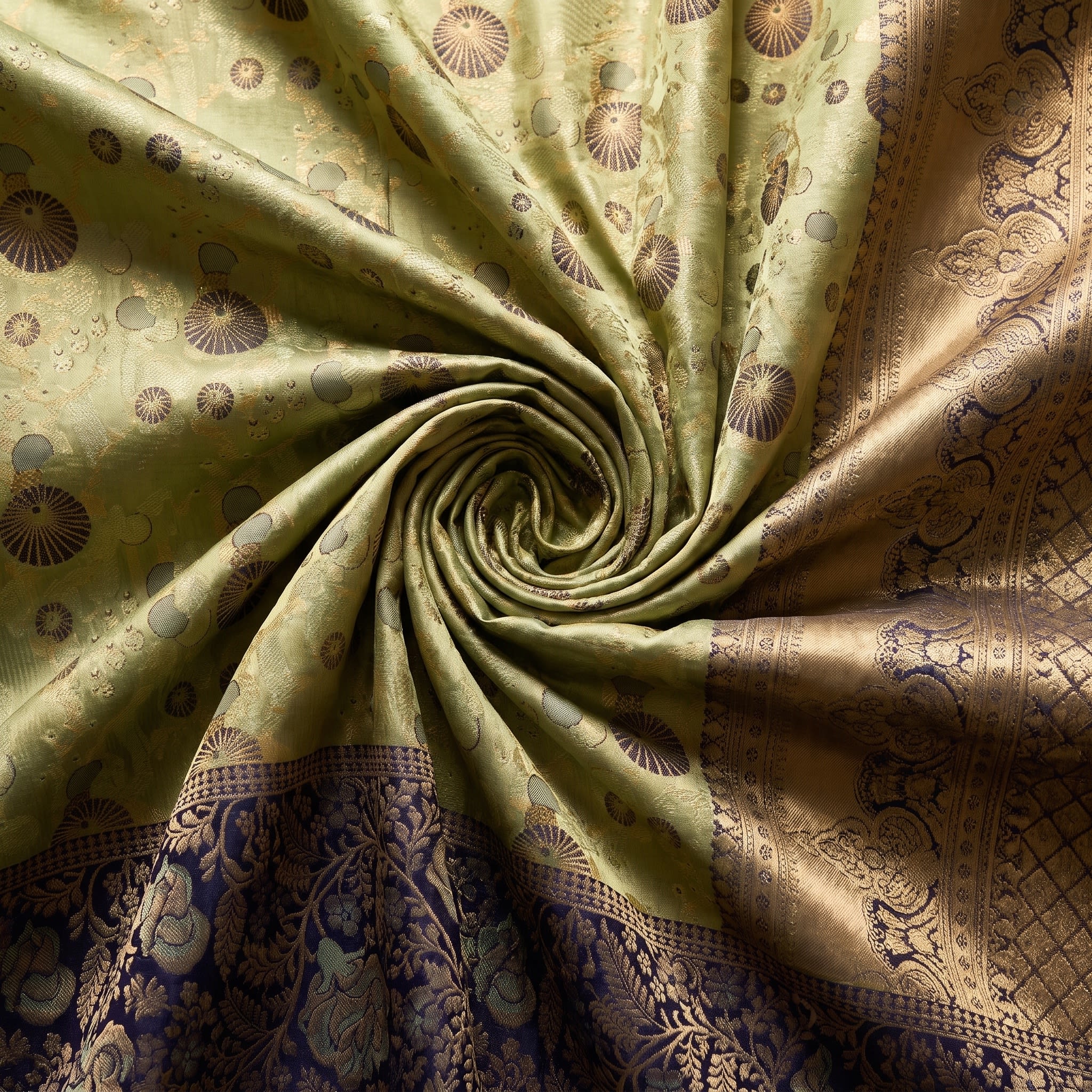 Handloom Pista Green Silk Saree — close drape