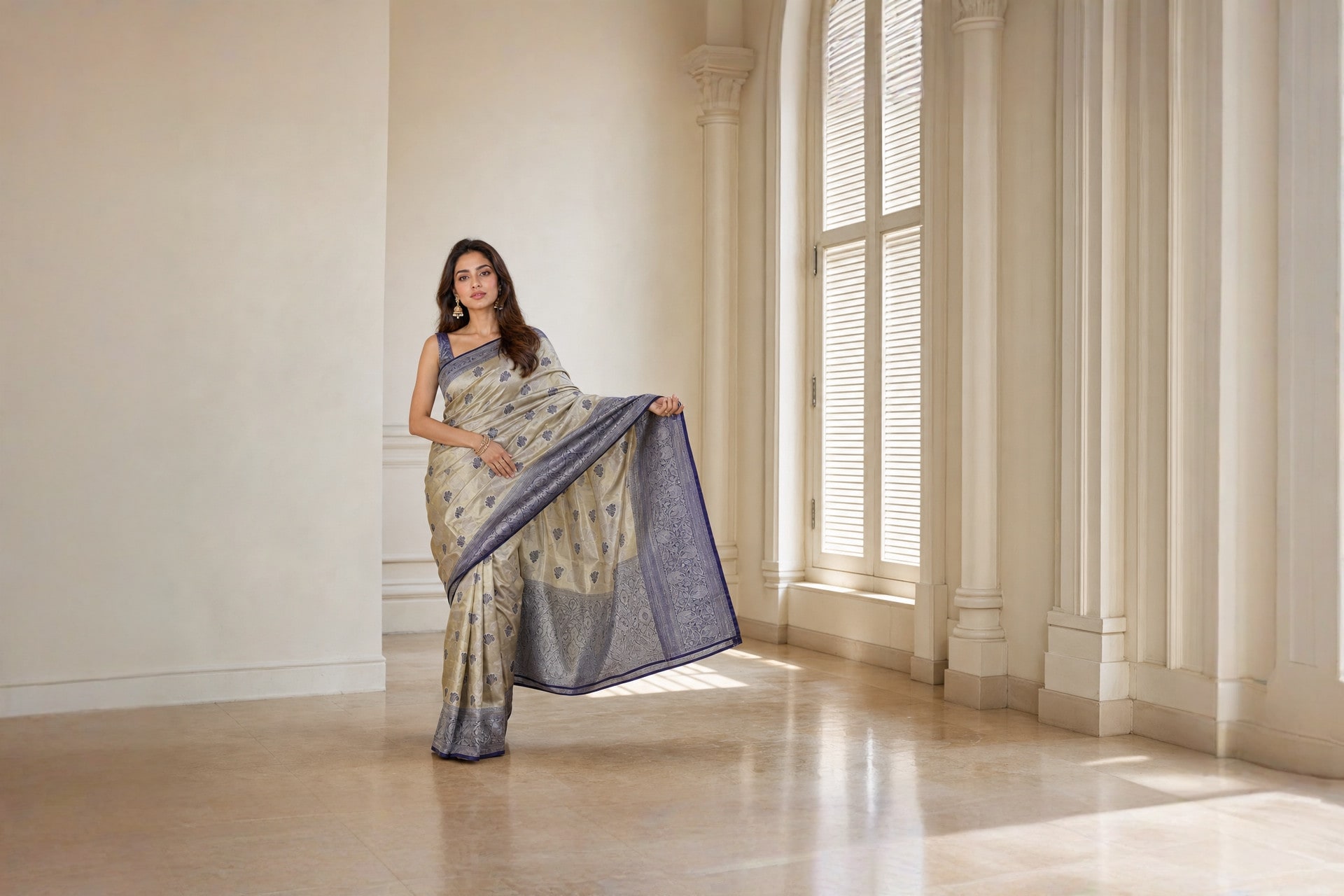 Handloom Biscuit Gold Silk Saree — the drape