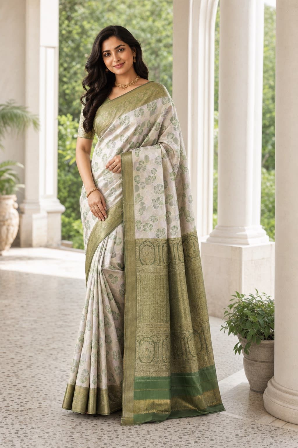 Handloom White Peach With Dark Green Silk Saree thumbnail 1