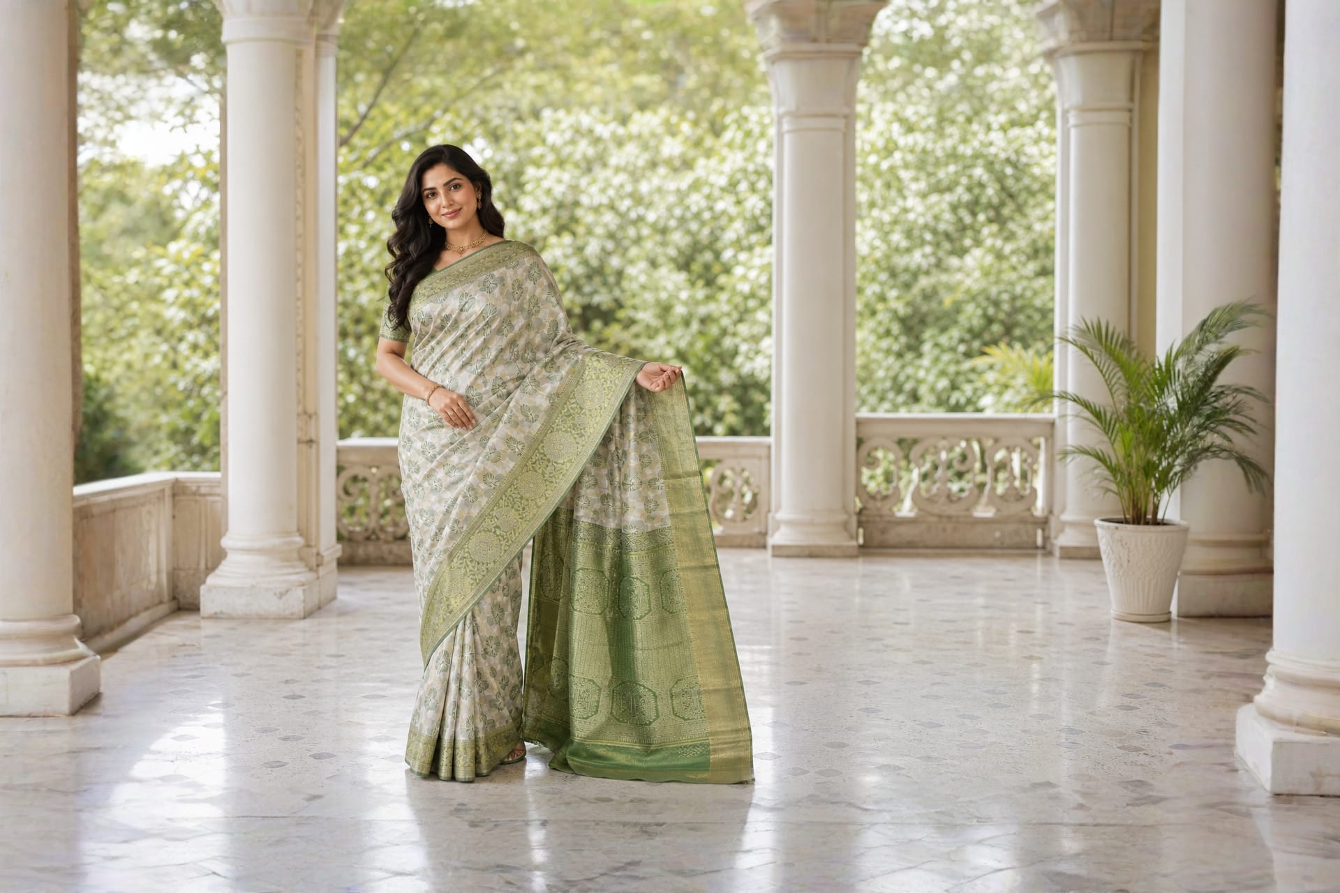 Handloom White Peach With Dark Green Silk Saree — the drape