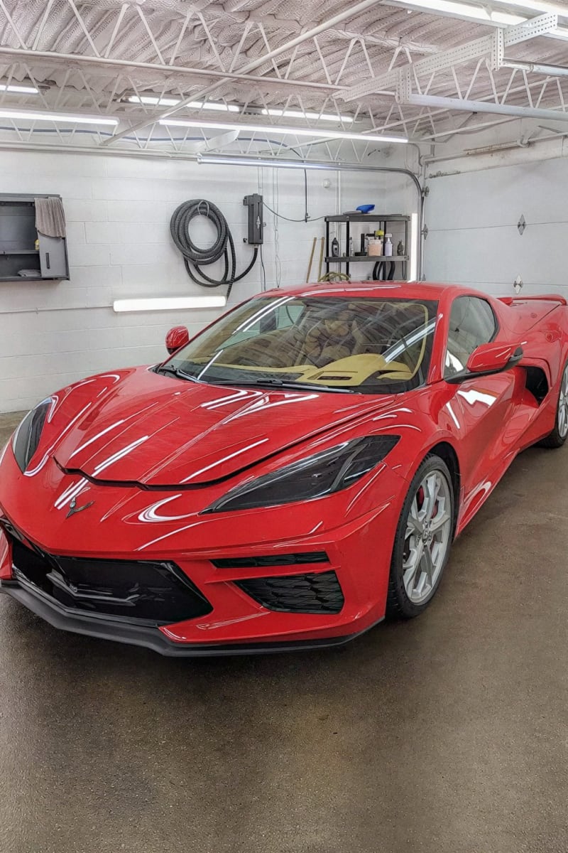 Red Corvette with premium paint protection film installation JayClean Stow Ohio