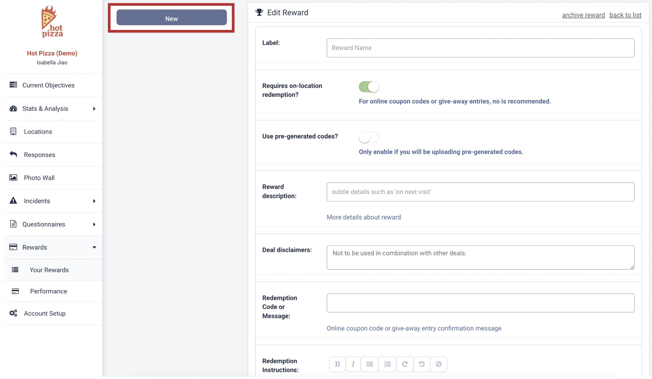 Rewards performance in tattle dashboard