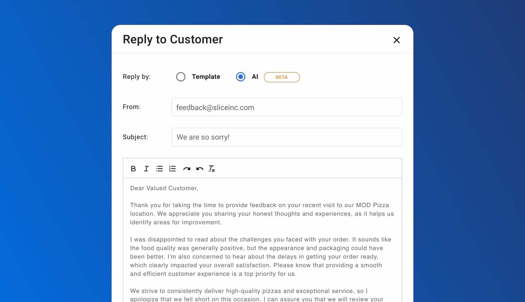 Tattle AI Customer Survey Response Restaurant
