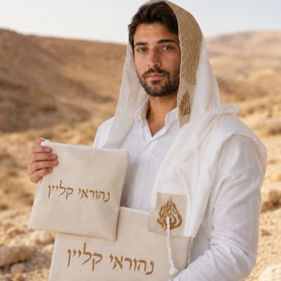מארז לחתן תיקון הכללי דמוי עור חום כיסויים וטלית צמר Premium