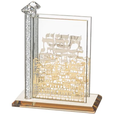 מעמד לגפרורים קריסטל עם פלקטה "נוף ירושלים" 12x12 ס"מ
