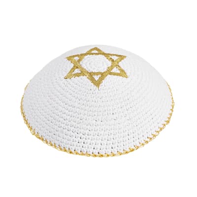 כיפה סרוגה 16 ס"מ לבן עם רקמה זהב מגן דוד