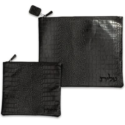 סט טלית תפילין דמוי עור שחור עם ריקמה