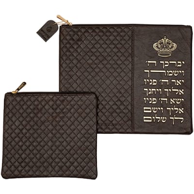סט טלית תפילין דמוי עור חום כהה עם כיתוב 'יברכך'