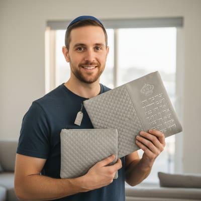 סט טלית תפילין דמוי עור אפור עם אותיות בולטות