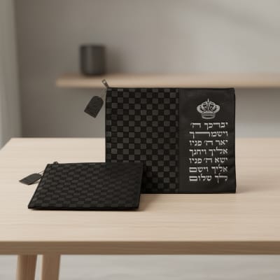 סט טלית תפילין דמוי עור כסף עם כיתוב יברכך