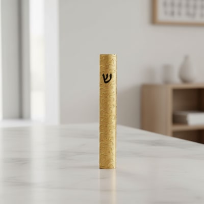 מזוזה עיטור מסולסל מוזהב כיתוב שחור 12סמ