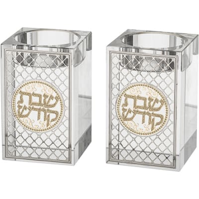 זוג פמוטי קריסטל מרובע עם פלקטה "עיטור" 8 ס"מ