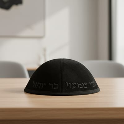 כיפה בד מהודר עם ריקמה "רבי שמעון בר יוחאי" - גודל 4 - שחור