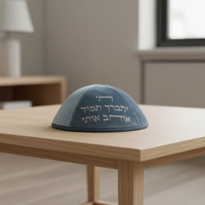 כיפה ארטמן קטיפה ה יתברך אוהב כחולה עם רקמה כסף גודל 4