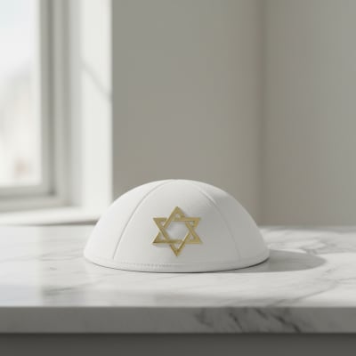 כיפה אולטרא סוויד לבן 19 ס"מ "מגן דויד" זהב ומקום