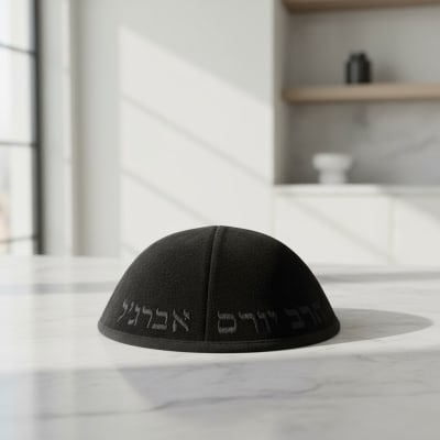כיפה בד מהודר עם ריקמה "הרב יורם אברגל" - גודל 4 - שחור