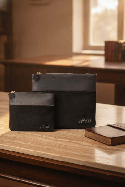 סט טלית תפילין דמוי עור שחור עם אותיות זהב