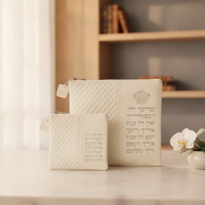 סט טלית תפילין דמוי עור לבן עם ריקמת 'ויברכך'