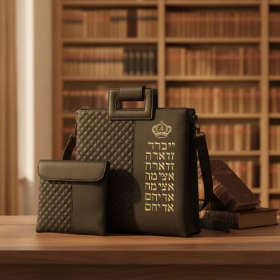 תיק טלית דמוי עור שחור עם כיתוב "וי"