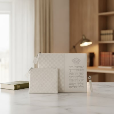 סט טלית תפילין דמוי עור כסף עם כיתוב "יברכך"
