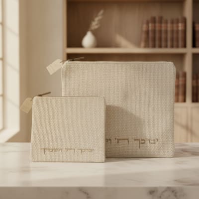 סט טלית תפילין ארוג אפור בהיר עם רקמה