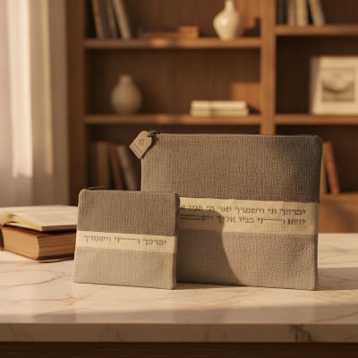 סט טלית תפילין בד ארוג אפור עם רקמה