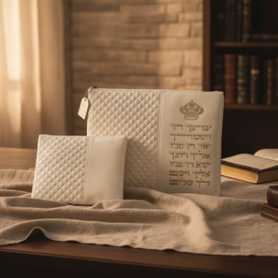 סט טלית ותפילין דמוי עור לבן עם כיתוב ויברכך