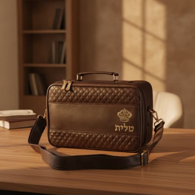 תיק תפילין קטן חום כהה עם אותיות בולטות