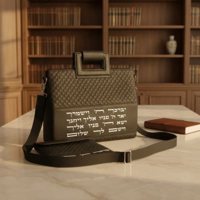 תיק טלית דמוי עור שחור עם כיתוב "יברכך"