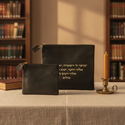 סט טלית תפילין שחור עם כיתוב "יברכך" בזהב