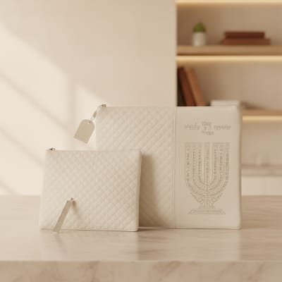 סט טלית תפילין דמוי עור לבן עם כיתוב "שיויתי" וטלטוג כסף