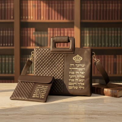 תיק טלית דמוי עור חום כהה עם כיתוב "יברכך"