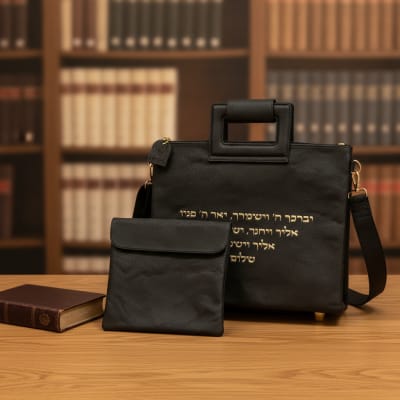 סט תיק טלית ותפילין שחור עם אותיות זהב בולטות