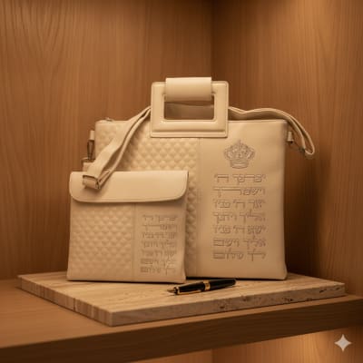 תיק טלית דמוי עור לבן עם אותיות בולטות