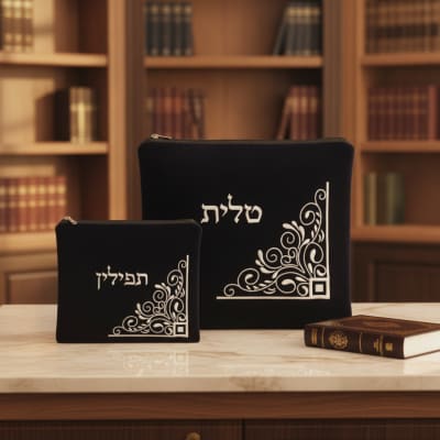 סט טלית תפילין קטיפה כחול כהה עם ריקמה